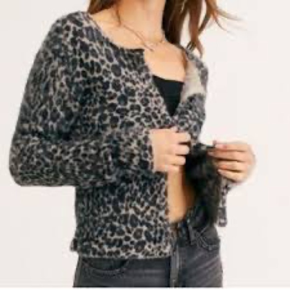 Free People One | Mink Leopard Print Eyelash Button Down Cardigan Sweater